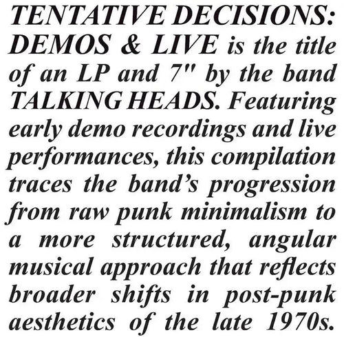 Talking Heads - Tentative Decisions 1974 - 1976 RSD BLACK FRIDAY