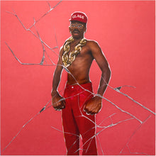 Load image into Gallery viewer, A clear vinyl record shown next to its square album cover. The cover features a portrait of a shirtless man wearing red pants, a red cap with 'GLASS' on it, and a gold chain against a red background, with thin silver cracked-line graphics across the image.
